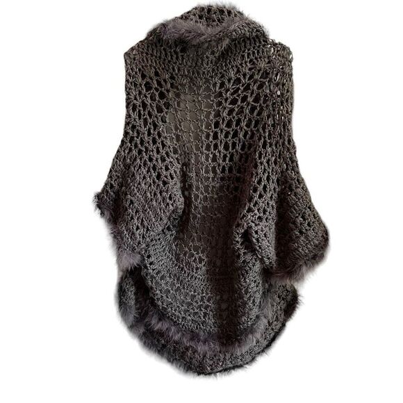 Laseine Crochet Faux Fur Trim Open Front Cardigan Vest Gray Large - Picture 6 of 6